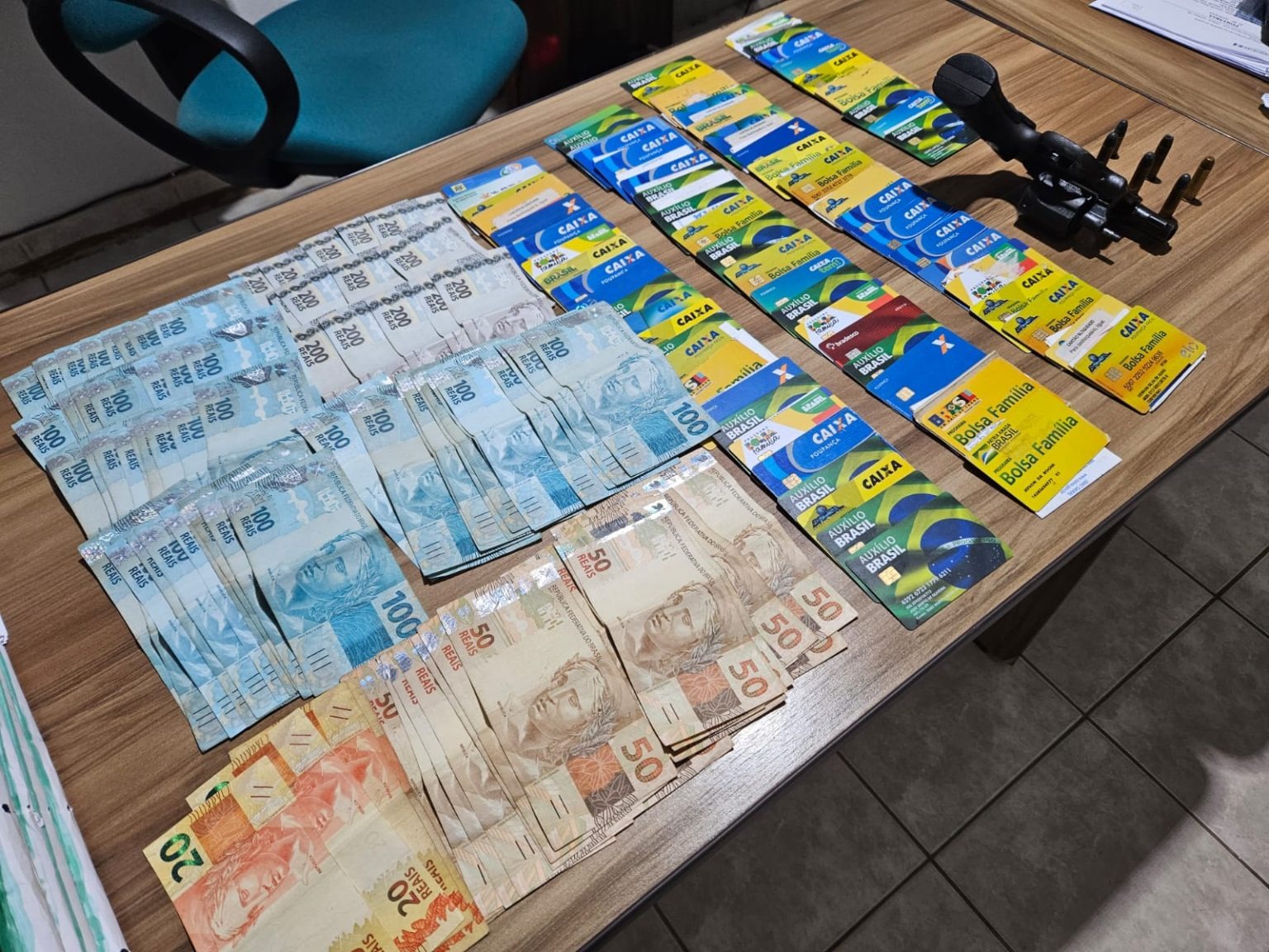 Polícia apreende R$ 9,5 mil, arma e 80 cartões de crédito e de benefícios do Governo Federal em residência em...