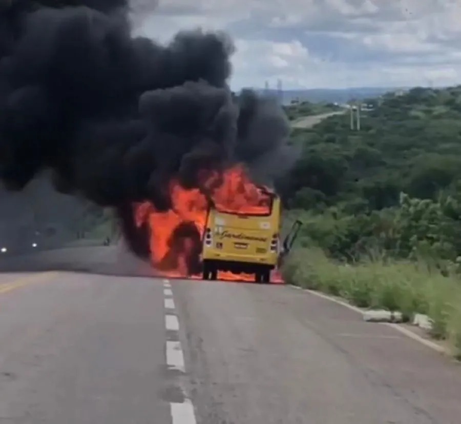 VÍDEO: Ônibus é destruído por incêndio na BR-226, no interior do RN