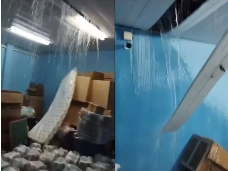 VÍDEO: Chuva alaga prédio da Semtas que guardava cestas básicas e mantimentos em Natal