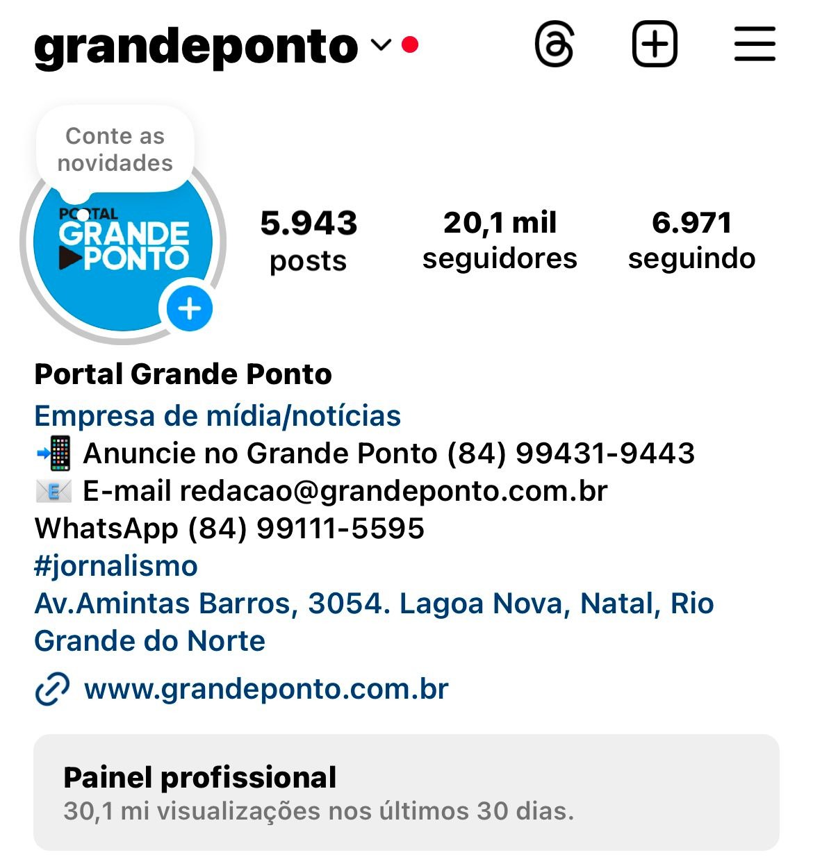 Perfil do Grande Ponto no Instagram bate recorde e ultrapassa 30 milhões  de visualizações em 30 dias