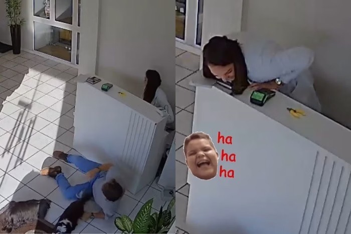 Homem faz entrada “triunfal” ao tropeçar em gato com dois cães no colo