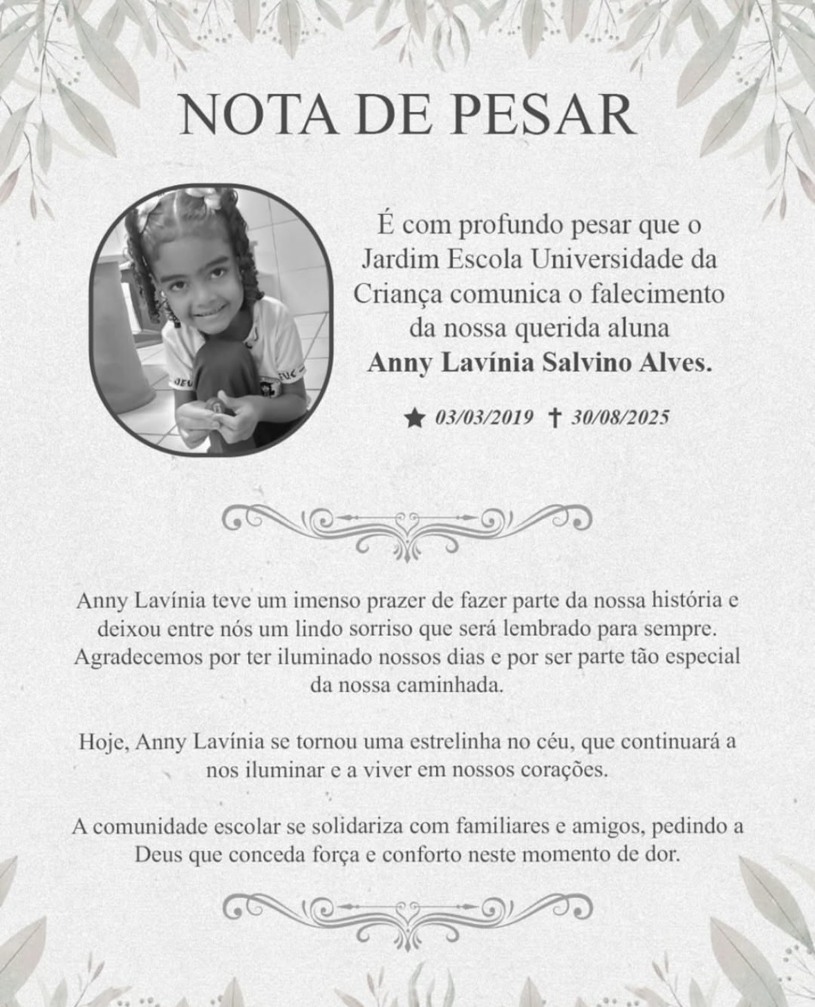Escola lamenta morte de aluna baleada em atentado ao pai em Natal