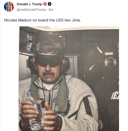 Trump publica foto de Maduro dentro de navio militar após captura