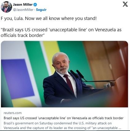 “Fuck you, Lula”, diz conselheiro de Trump após crítica à ação dos EUA na Venezuela