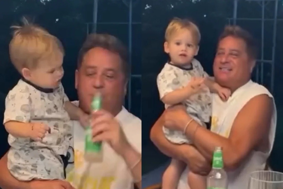 VÍDEO: Leonardo causa polêmica ao colocar bebida alcoólica na boca do neto