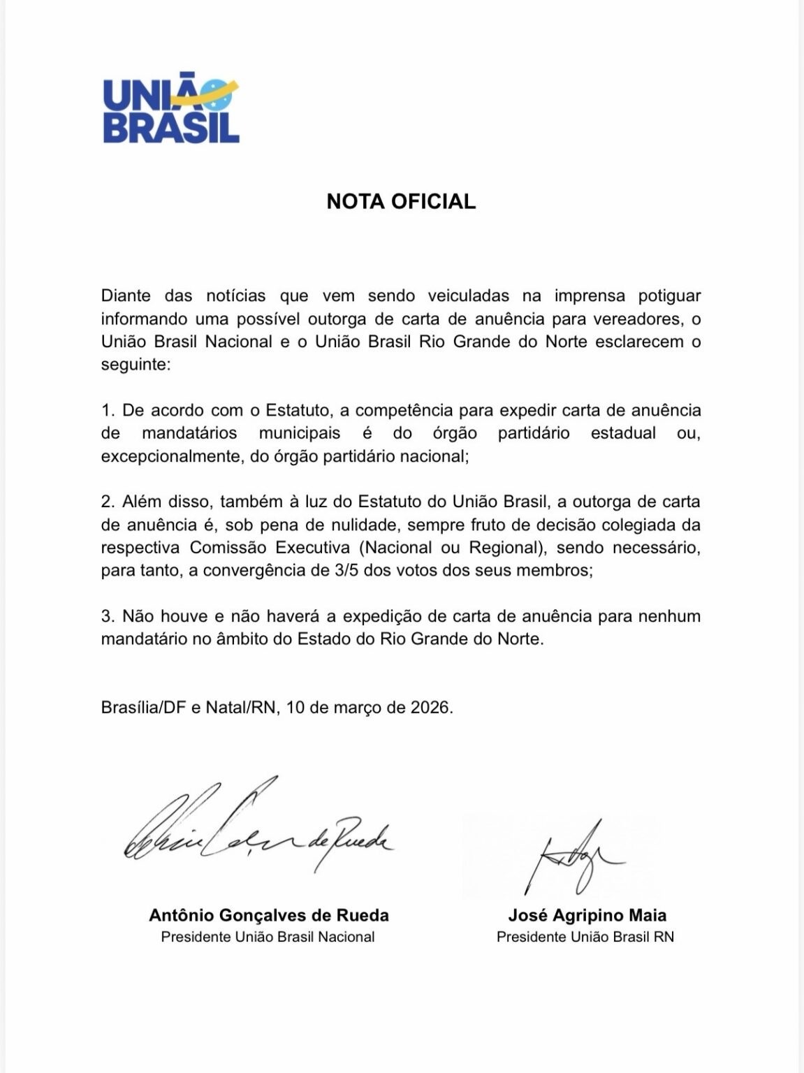 Em nota assinada por Rueda e Agripino, União Brasil afirma que não haverá liberação de vereadores no RN