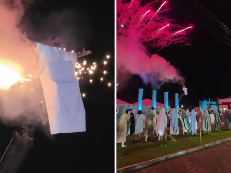 VÍDEO: figurino de Henri Castelli pega fogo durante encenação de 'A Paixão de Cristo'