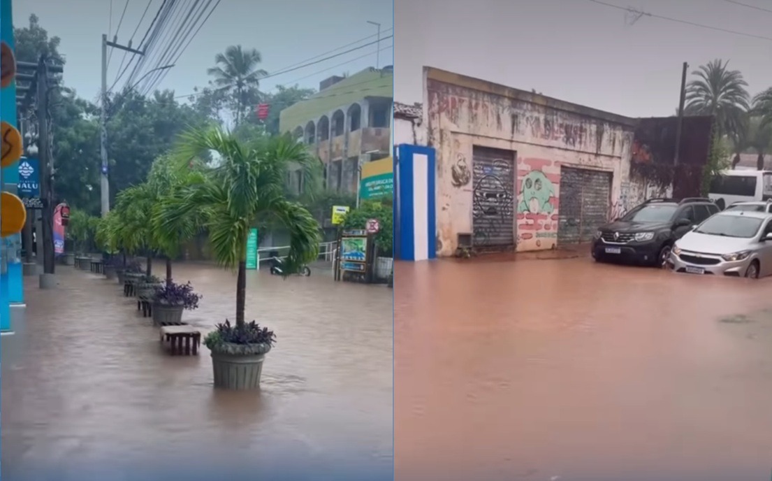 VÍDEO: Chuva intensa deixa ruas alagadas na Praia da Pipa