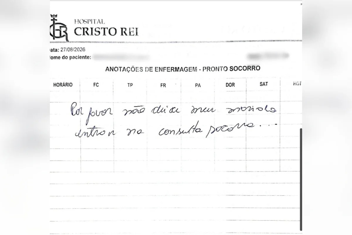 Mulher escreve pedido de socorro em prontuário durante consulta e denuncia companheiro por agressões