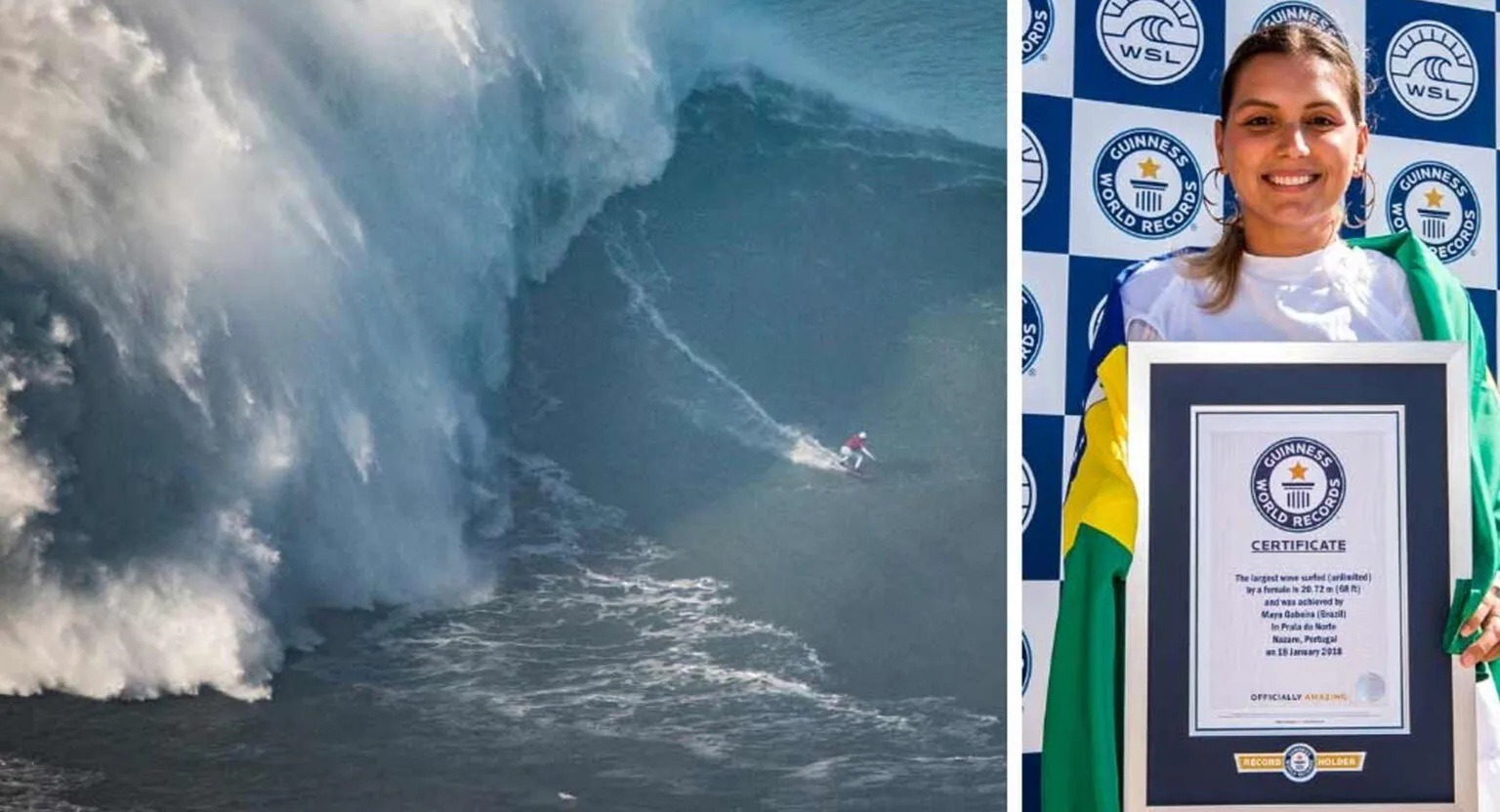 Aos 33 anos, brasileira surfa onda de 22 metros, equivalente a um prédio de 7 andares, e quebra recorde no...