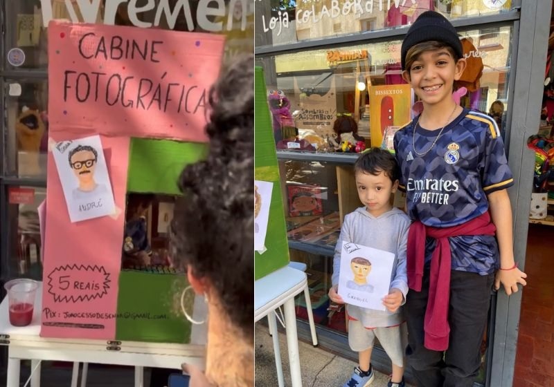 [VÍDEO] Na era da IA, menino de 10 anos cria cabine fotográfica de papelão e desenha retratos por R$ 5