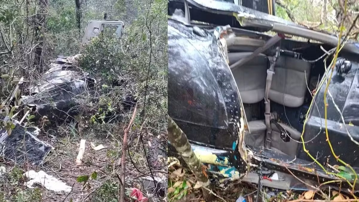 [VÍDEO] Veja imagens dos destroços de helicóptero que levava o cantor Rick e outros quatro ocupantes em SC