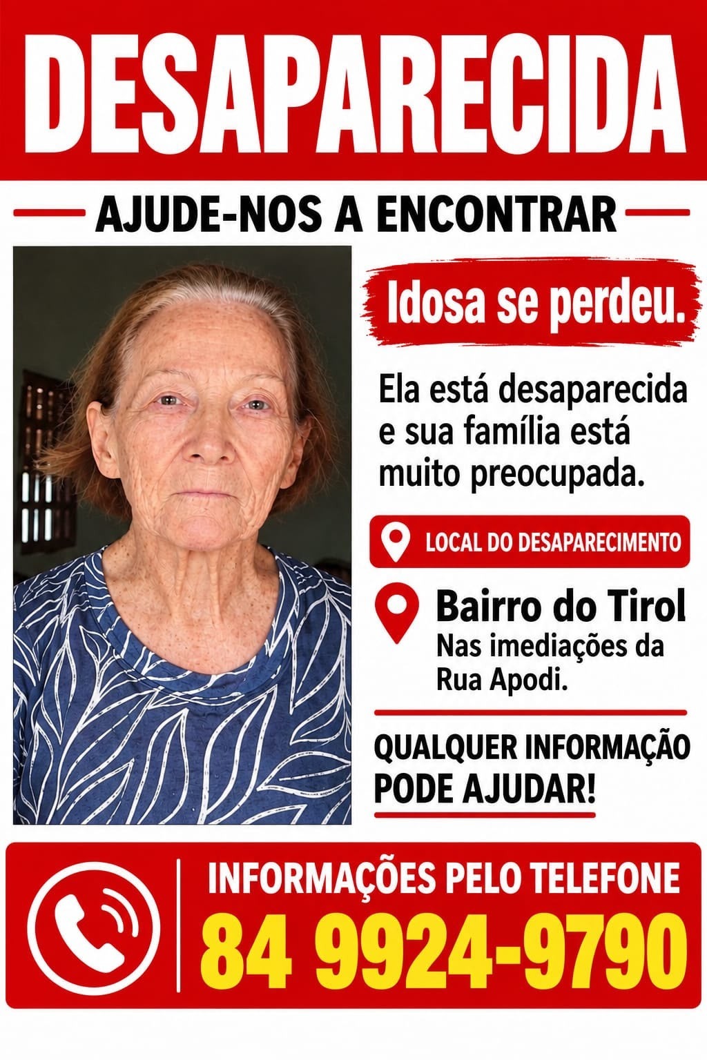 Família faz apelo para localizar idosa com Alzheimer desaparecida no bairro do Tirol, em Natal