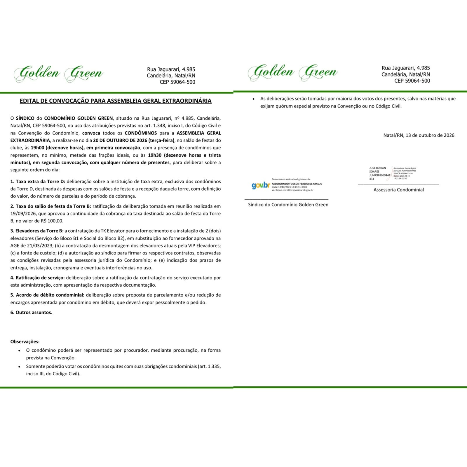 Golden Green convoca condôminos para assembleia extraordinária no dia 20 de outubro em Natal; veja edital