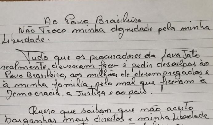 Carta: Lula desafia Lava Jato e diz não aceitar 'barganha' para sair da prisão