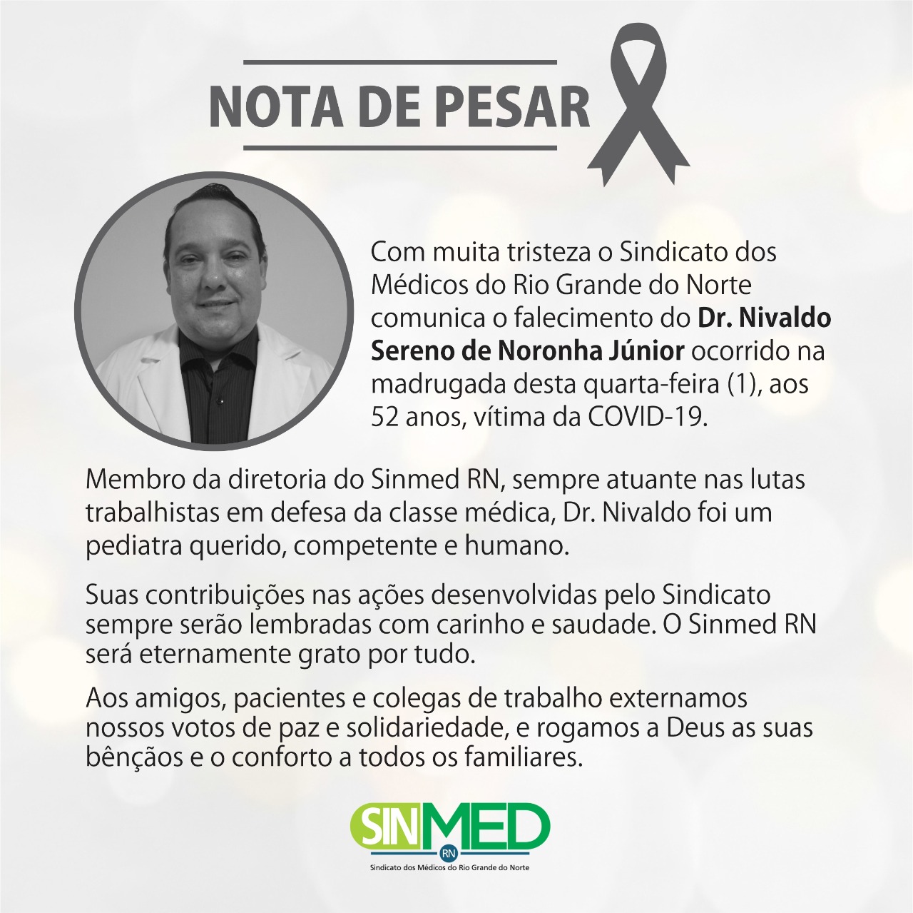 Pediatra membro da Diretoria do Sindicato dos Médicos do RN morre com Covid