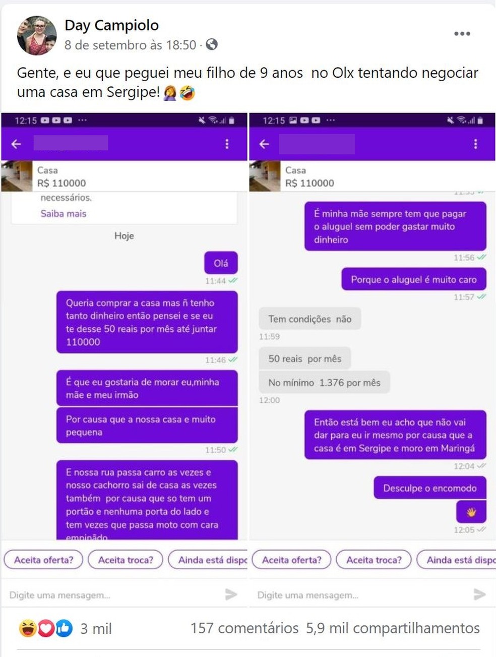Menino tenta comprar casa para a família por R$ 50 ao mês e mensagens viralizam