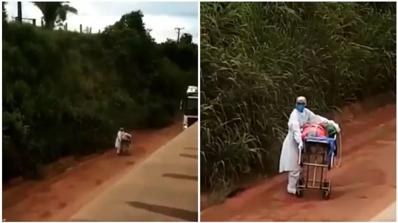 VÍDEO: Enfermeiro empurra paciente com Covid em maca por rodovia