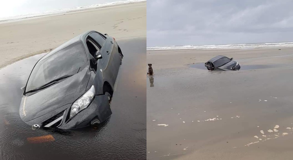 Maré avança e inunda carro de turistas atolado na areia em SP; veja