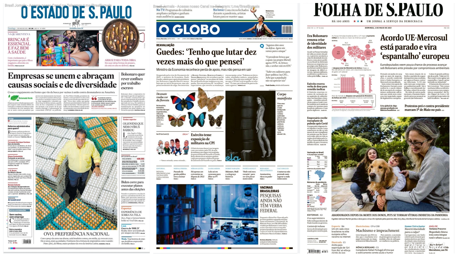 Capas dos principais jornais ignoram protestos pró-Bolsonaro pelo país