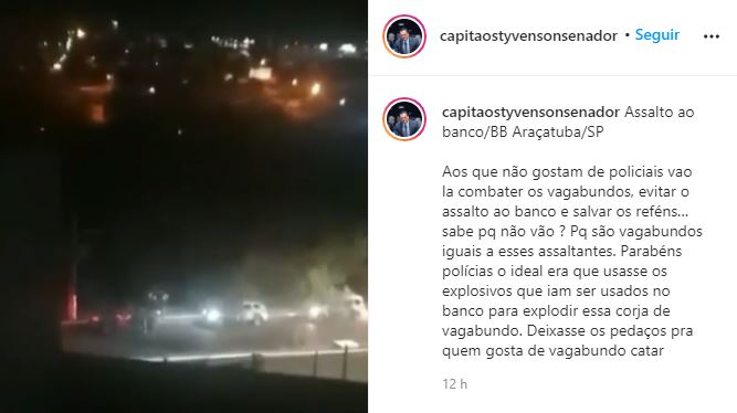 Styvenson sugere que bandidos de Araçatuba sejam explodidos e 'quem gosta de vagabundo vá catar os pedaços'