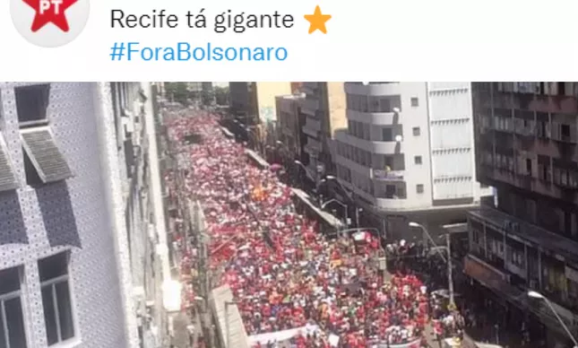 PT divulga fake news e usa foto de 2016 para dizer que ato contra Bolsonaro em Recife está 'gigante'