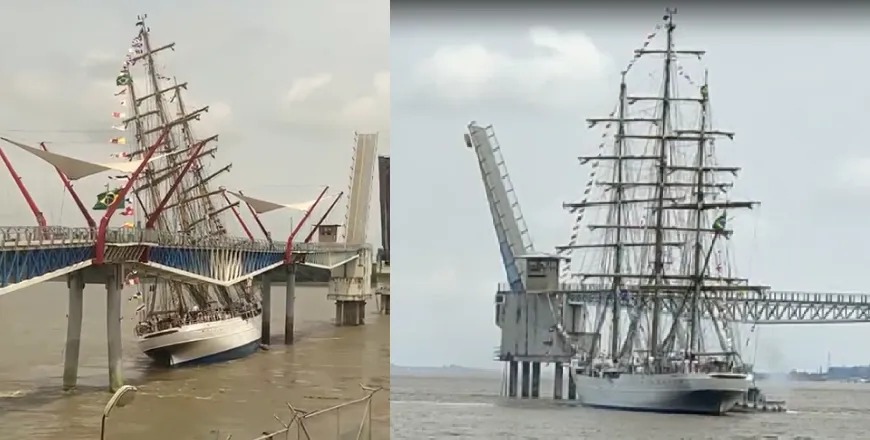 VÍDEO: Navio-veleiro Cisne-Branco da Marinha se choca contra ponte no Equador