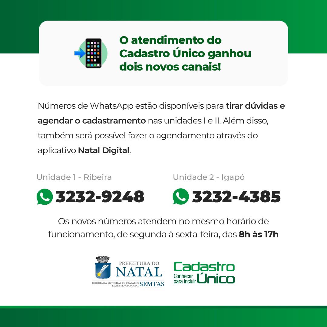 CadÚnico de Natal tem novos canais e agora faz agendamento pelo app “Natal Digital”