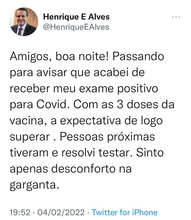 Mesmo com 3 doses da vacina, ex-deputado e ex-ministro do RN está com Covid