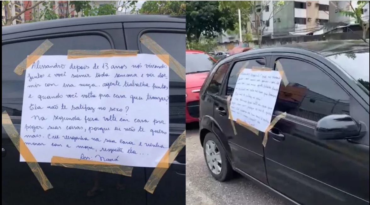 Mulher descobre traição e cola cartaz de término no carro do ex: 'crie vergonha na cara'