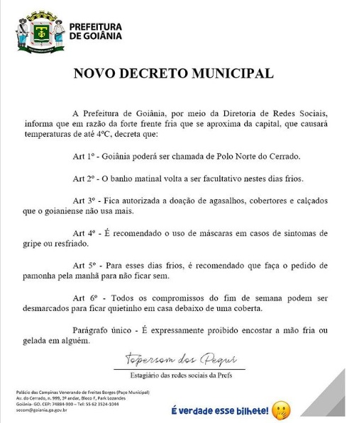 Prefeitura viraliza com “decreto” que torna banho facultativo por causa do frio